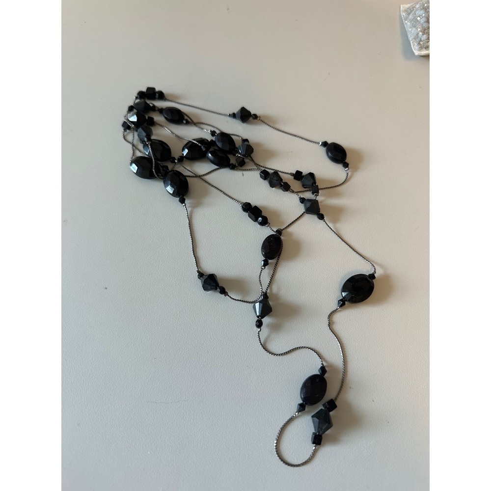 Vintage Long Black Faceted Bead Station Gunmetal Chain Necklace